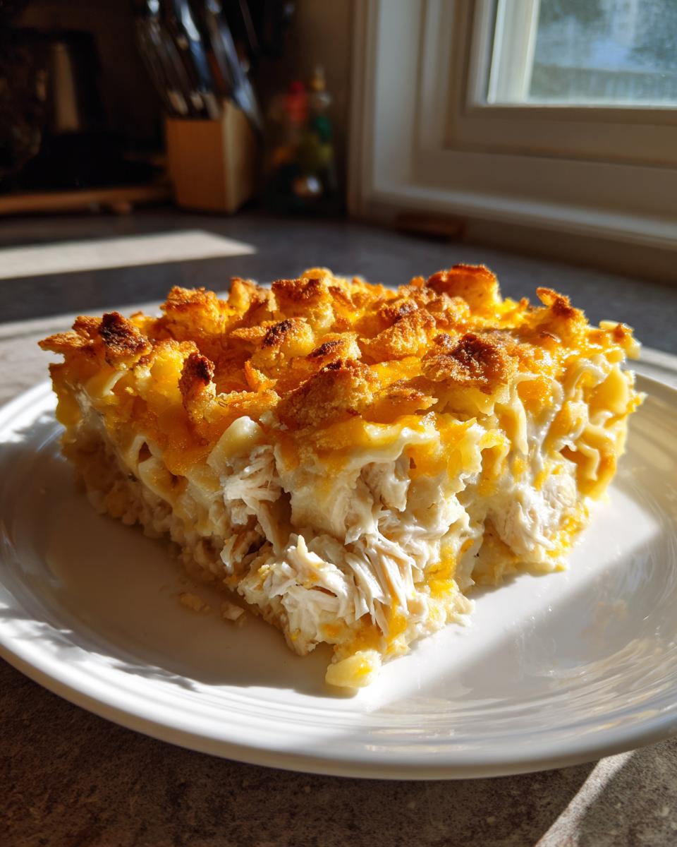 A generous slice of cheesy chicken noodle casserole showing shredded chicken, noodles, and a golden, crunchy topping.