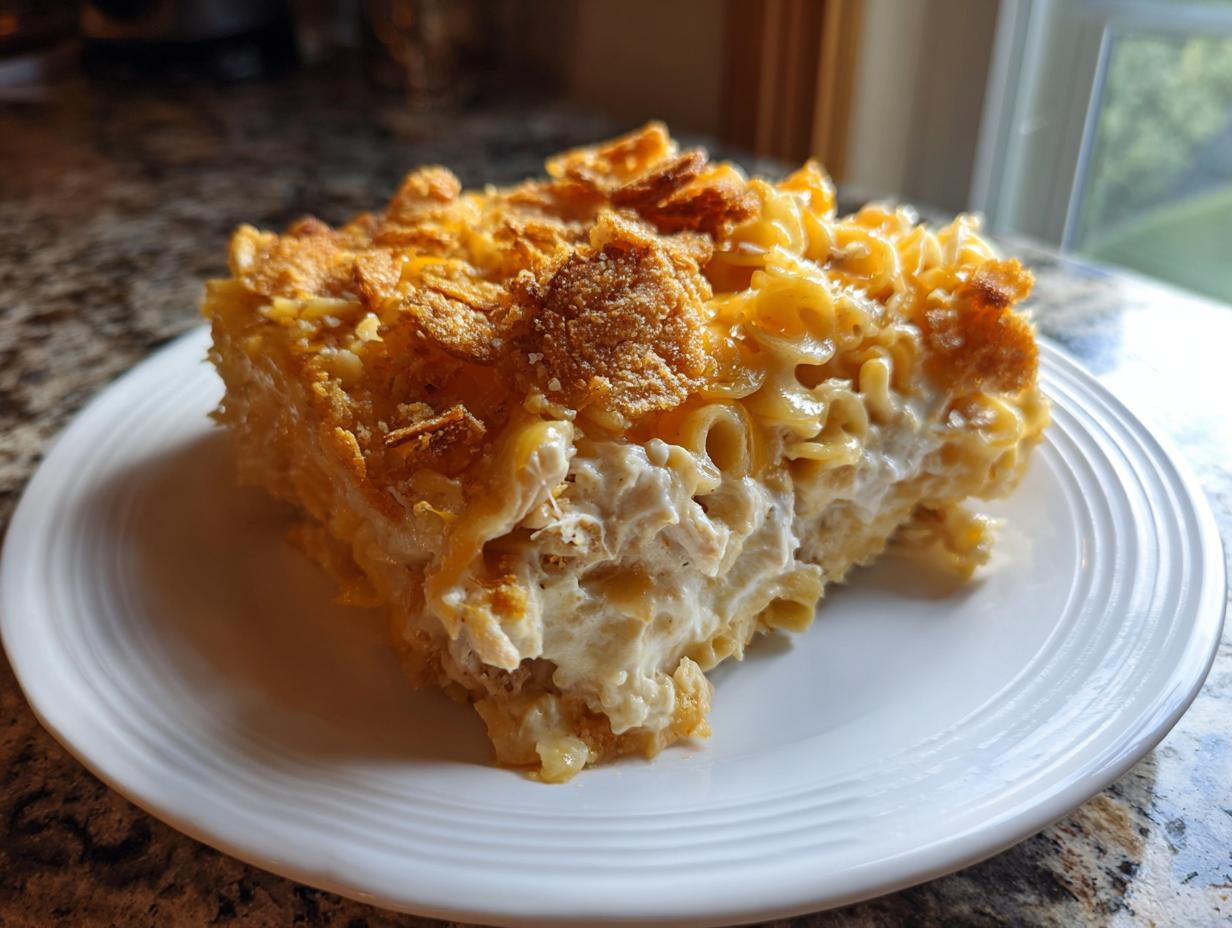 A generous slice of cheesy chicken noodle casserole with a crispy, golden topping, served on a white plate.