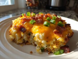 A hearty serving of mashed potato casserole topped with melted cheddar cheese, crispy bacon bits, and fresh green onions.