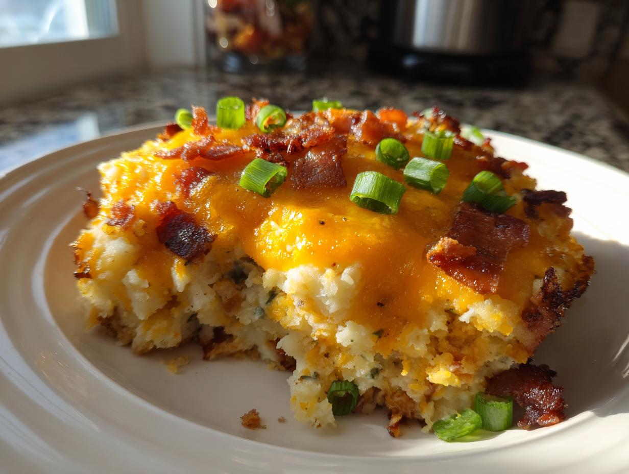 A hearty serving of mashed potato casserole topped with melted cheddar cheese, crispy bacon bits, and fresh green onions.