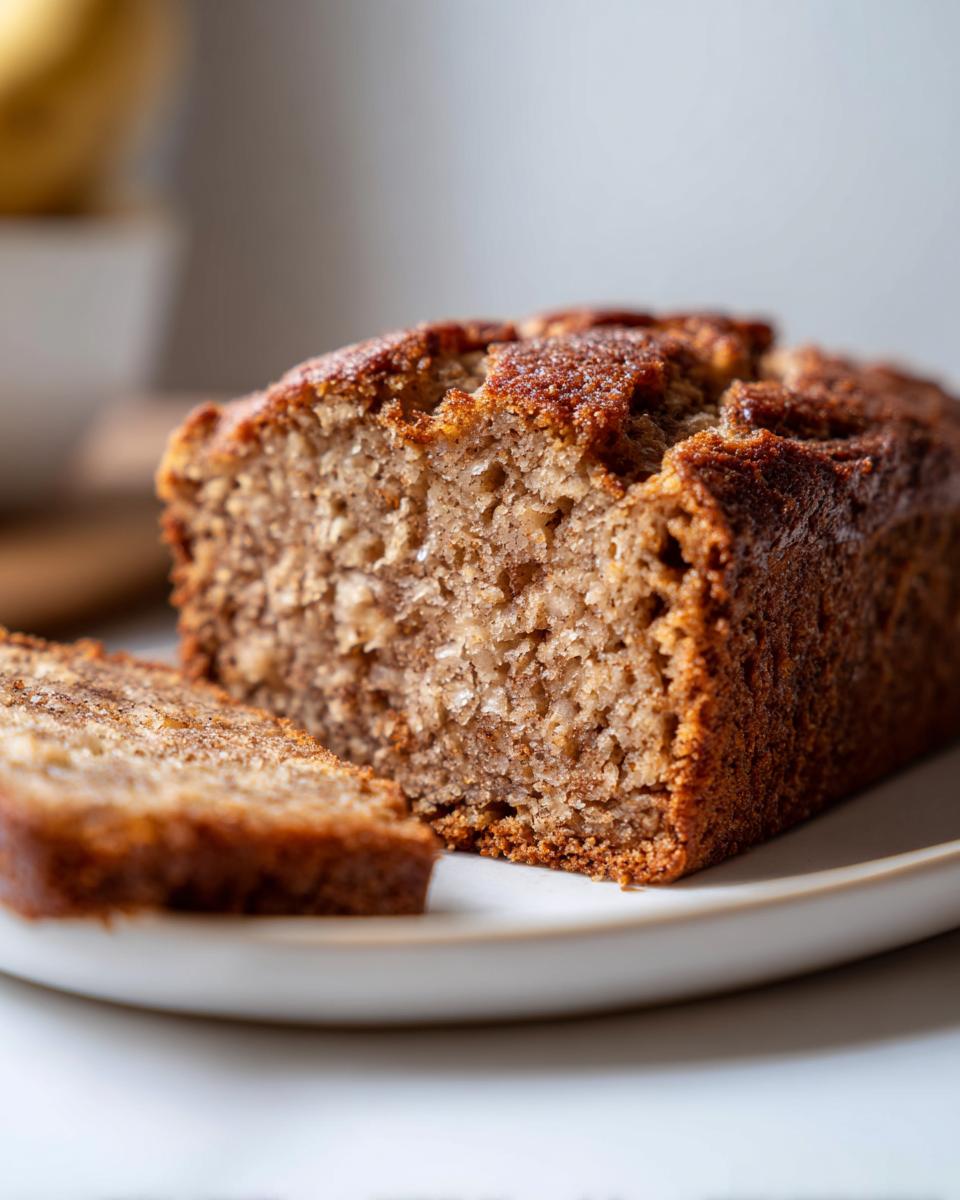 Close-up of a sliced loaf of moist cottage cheese banana bread almond flour on a white plate.