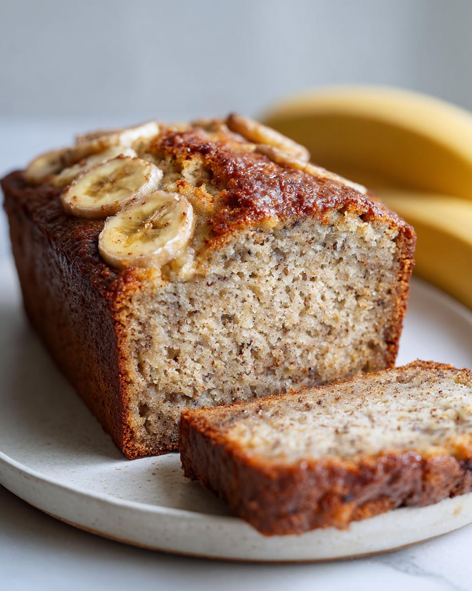 A close-up of a sliced cottage cheese banana bread almond flour loaf topped with banana slices.