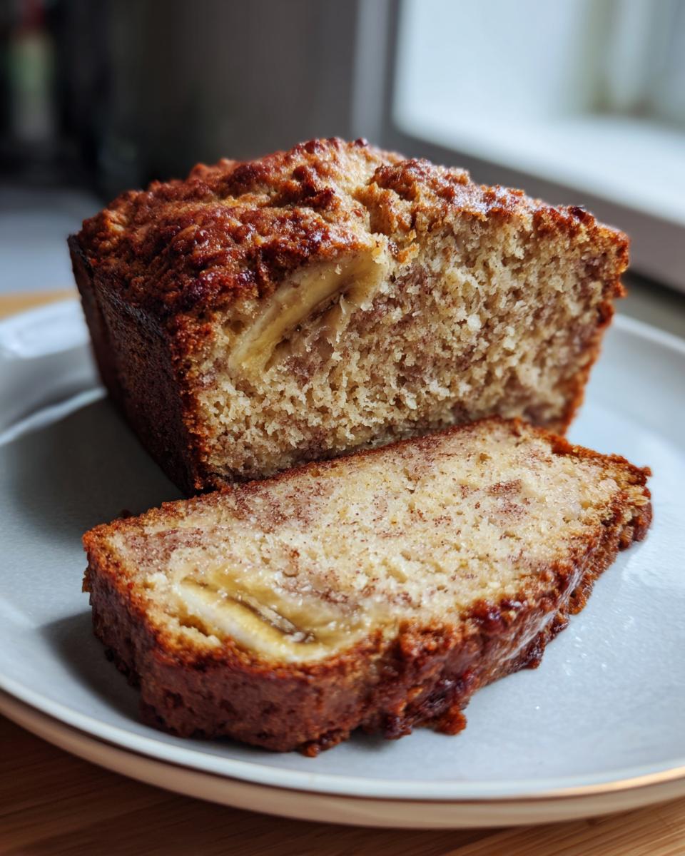 A slice cut from a golden brown cottage cheese banana bread almond flour loaf, showing moist texture and banana pieces.
