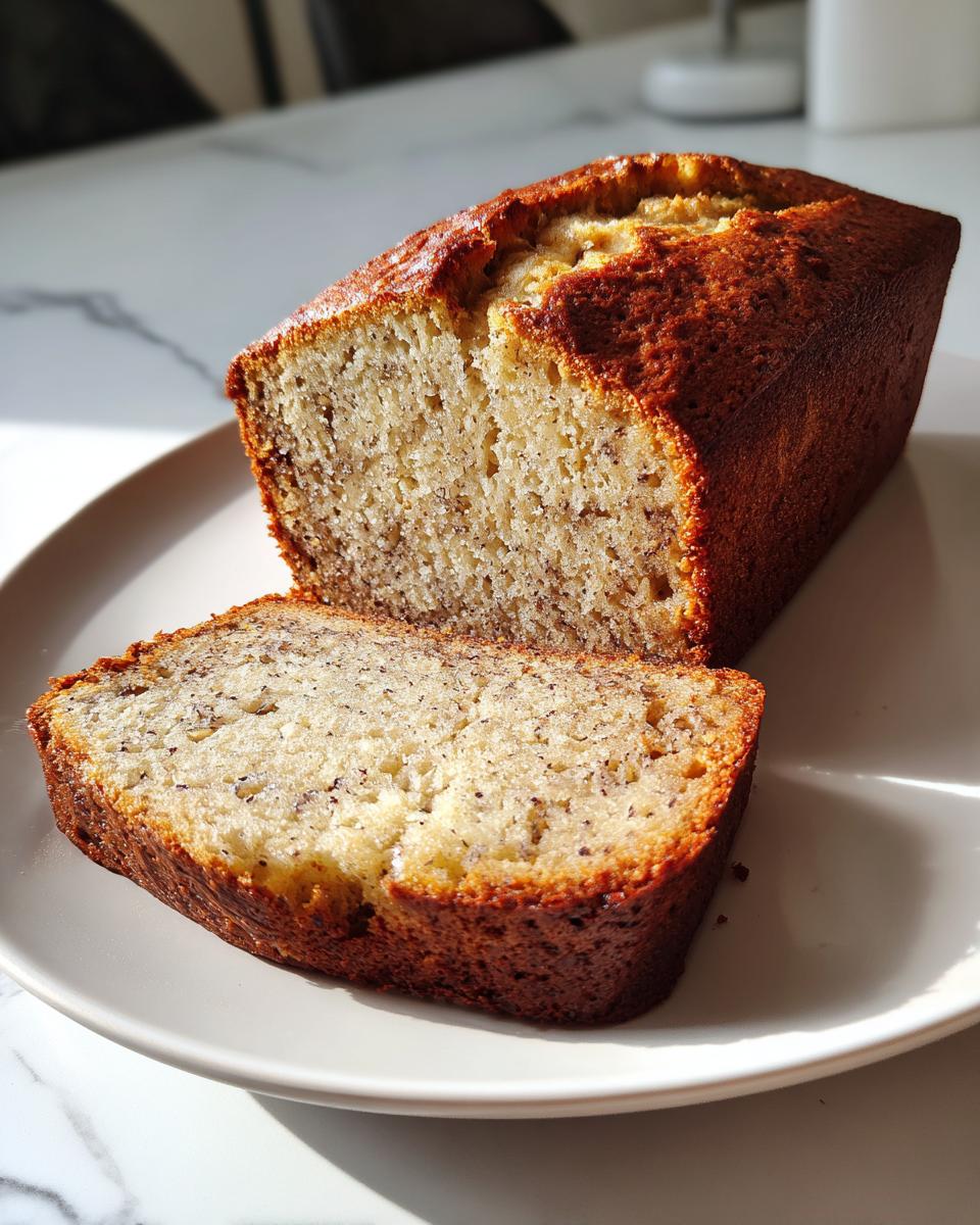 A golden-brown loaf of cottage cheese banana bread, with one thick slice cut and resting in front on a white plate.