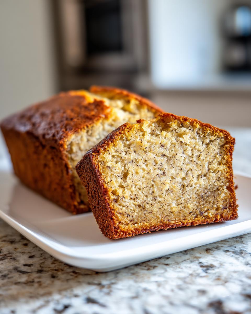 Close-up of a slice of moist cottage cheese banana bread next to the rest of the loaf on a white plate.