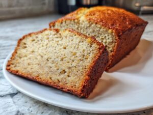 A close-up of a thick slice of moist cottage cheese banana bread next to the rest of the loaf on a white plate.