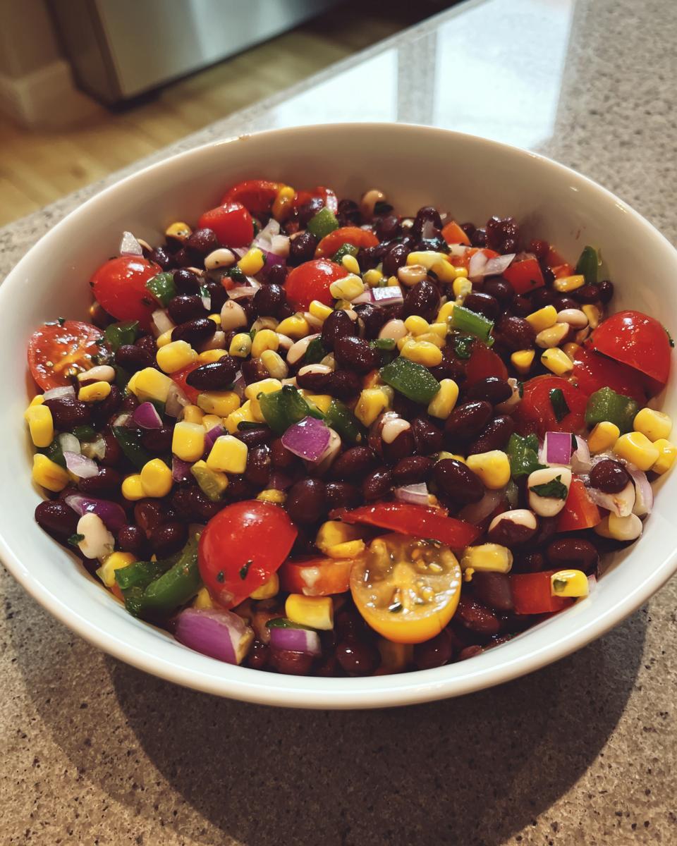 Close-up of a vibrant cowboy caviar recipe featuring black beans, corn, tomatoes, and red onion in a white bowl.