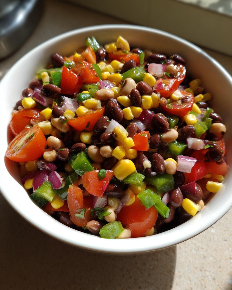 Close-up of a vibrant cowboy caviar recipe featuring black beans, corn, tomatoes, and peppers in a white bowl.