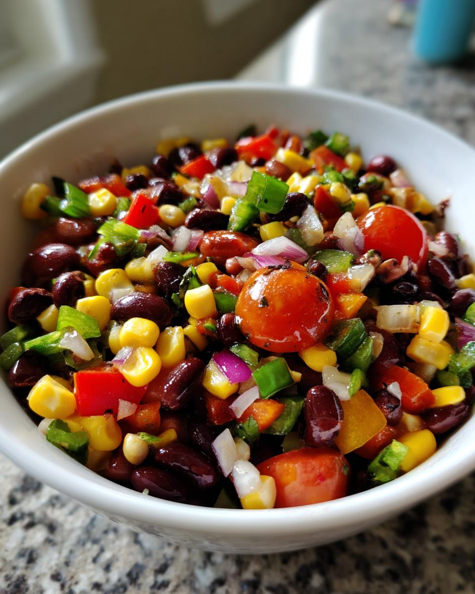 Close-up of vibrant cowboy caviar recipe italian dressing mix in a white bowl, featuring beans, corn, peppers, and tomatoes.