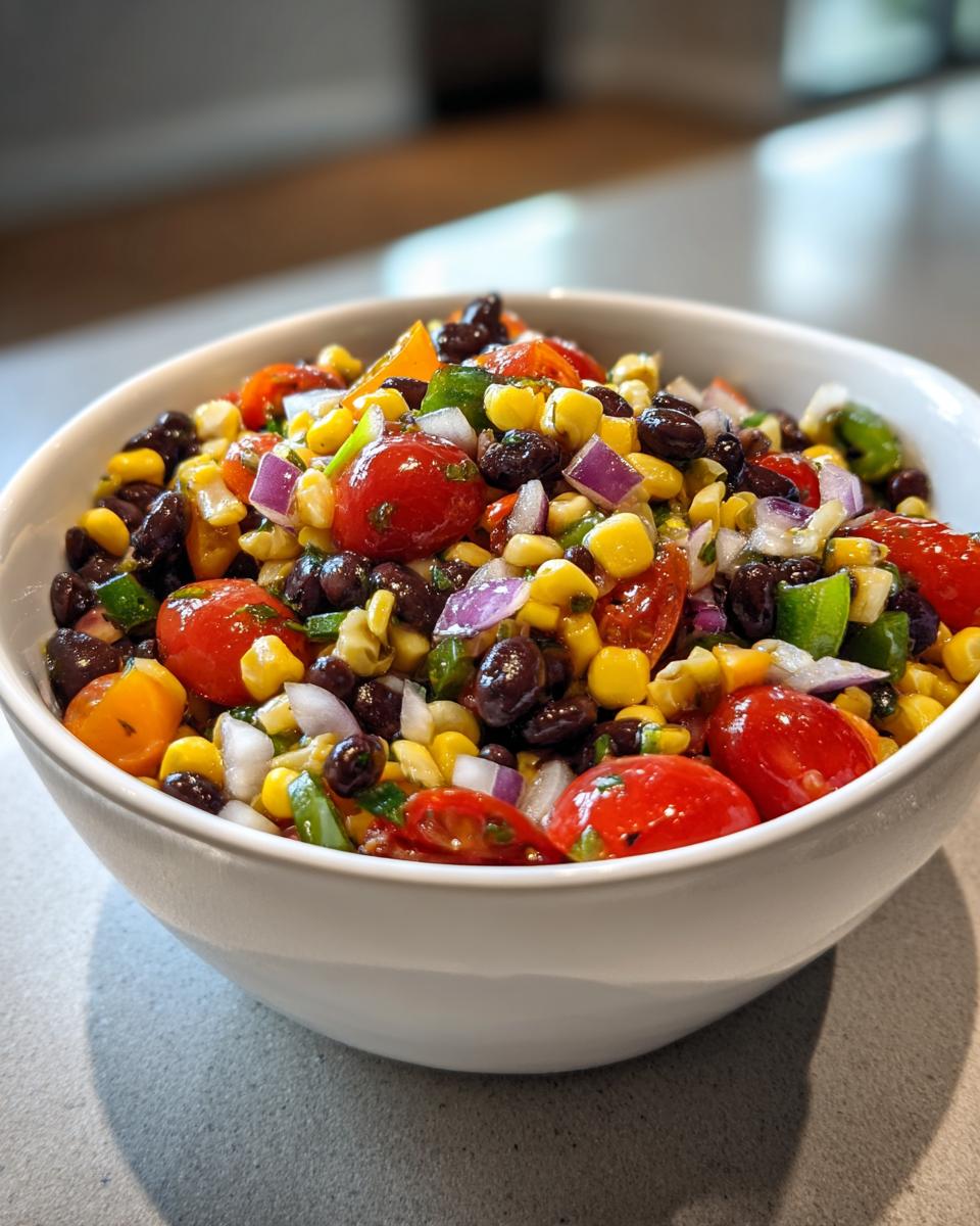 Close-up of a white bowl filled with colorful cowboy caviar recipe italian dressing mix, featuring black beans, corn, and cherry tomatoes.