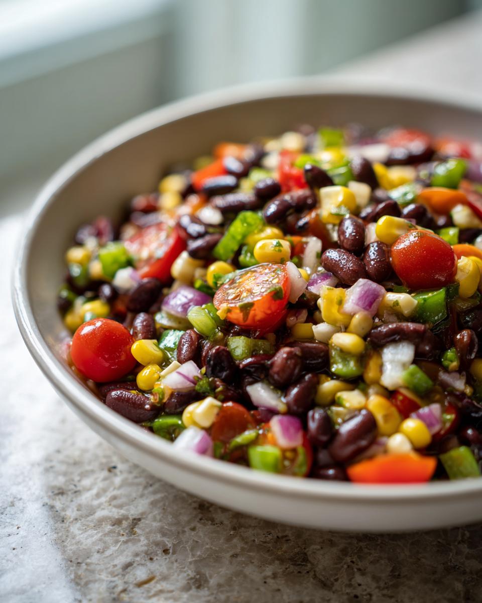 Close-up of a bowl filled with colorful cowboy caviar recipe italian dressing salad ingredients, featuring black beans, corn, and tomatoes.