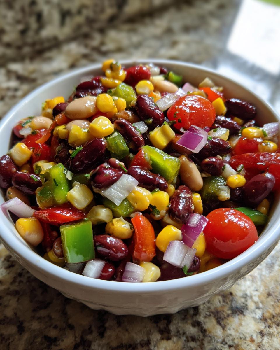 Close-up of a vibrant cowboy caviar recipe italian dressing salad in a white bowl, featuring beans, corn, peppers, and onions.