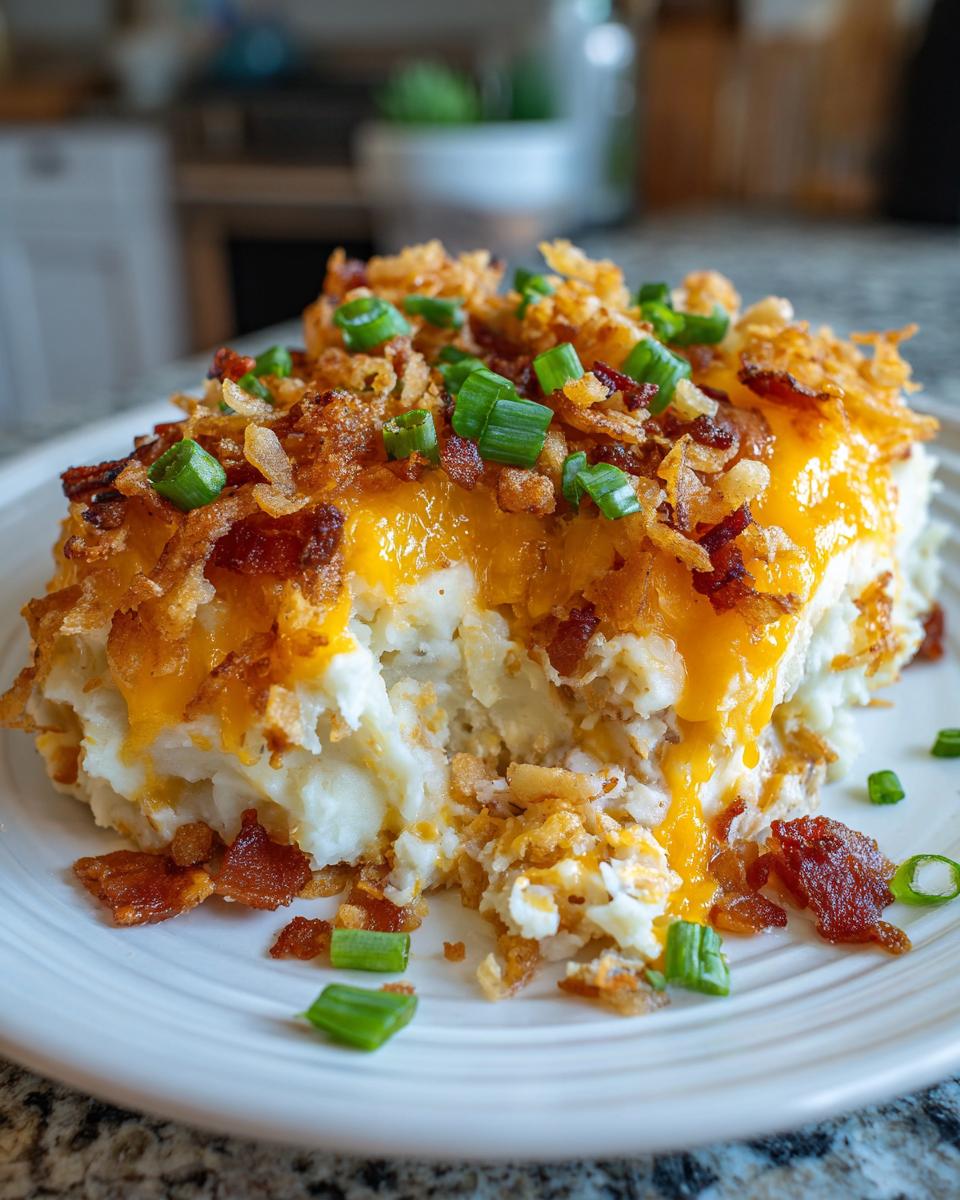 A scoop of creamy cowboy mashed potato casserole topped with melted cheddar cheese, crispy fried onions, and green onions.