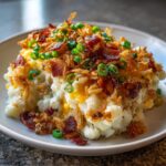 A generous serving of cowboy mashed potato casserole topped with crispy bacon, fried onions, and green onions.
