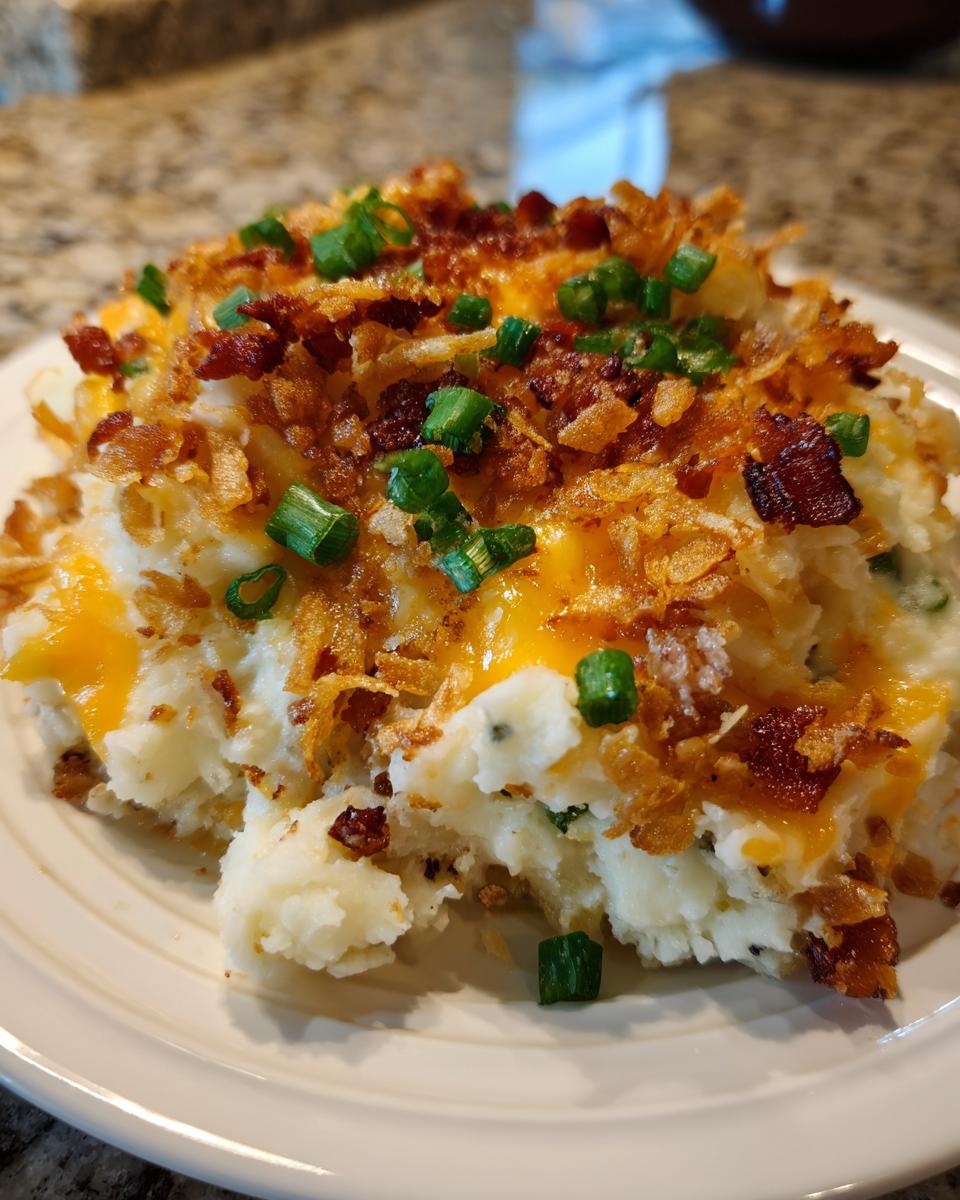 A close-up of a scoop of cowboy mashed potato casserole topped with melted cheddar, crispy onions, bacon bits, and green onions.