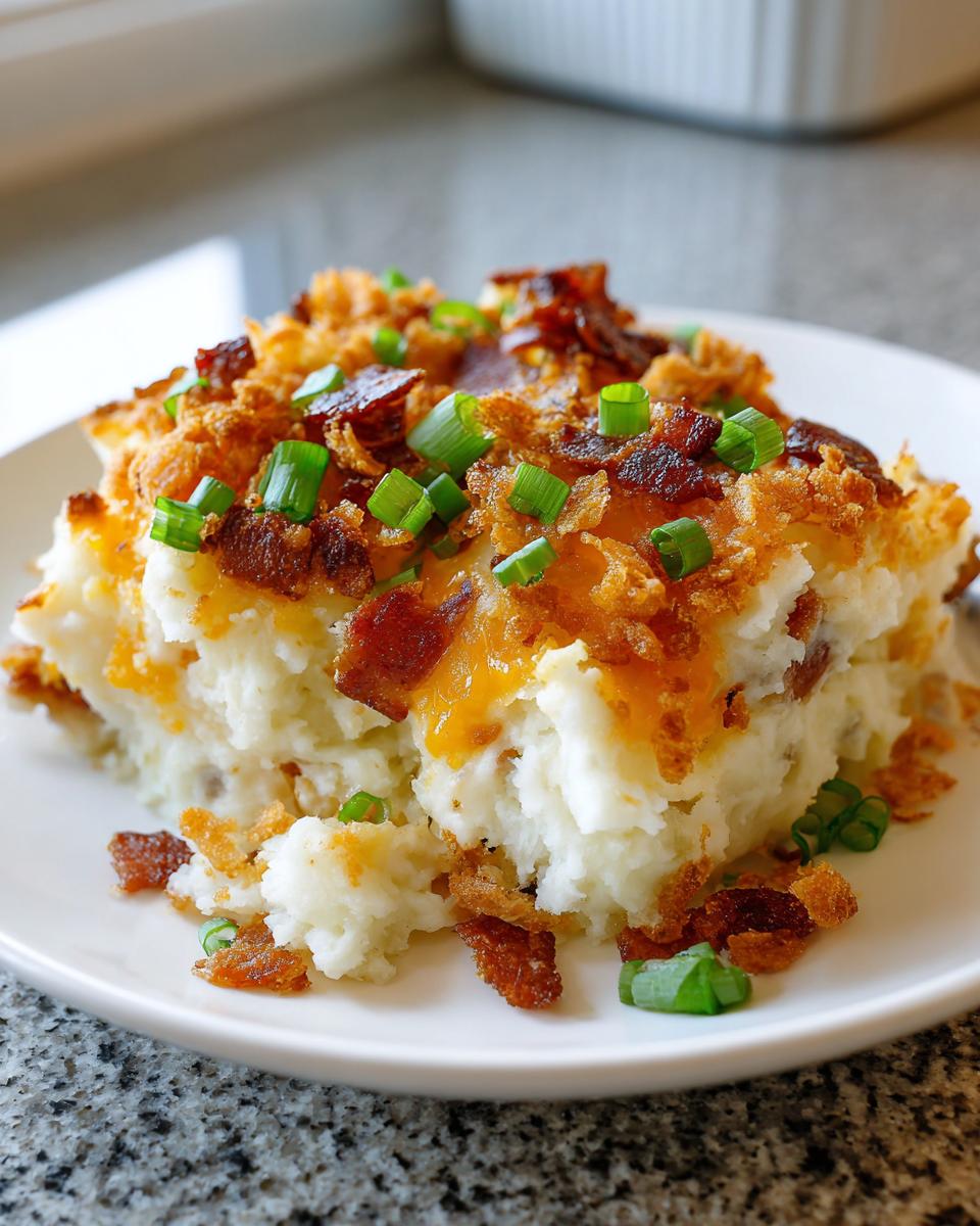 A generous serving of cowboy mashed potato casserole topped with melted cheddar, crispy bacon, and green onions.