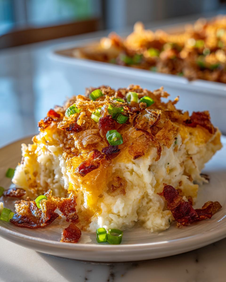 A generous serving of cowboy mashed potato casserole topped with melted cheese, crispy bacon, and green onions.