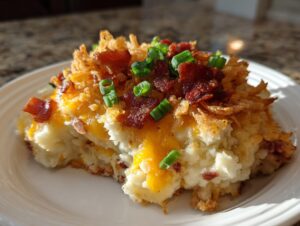 A close-up serving of cowboy mashed potato casserole topped with melted cheddar, crispy onions, bacon bits, and green onions.