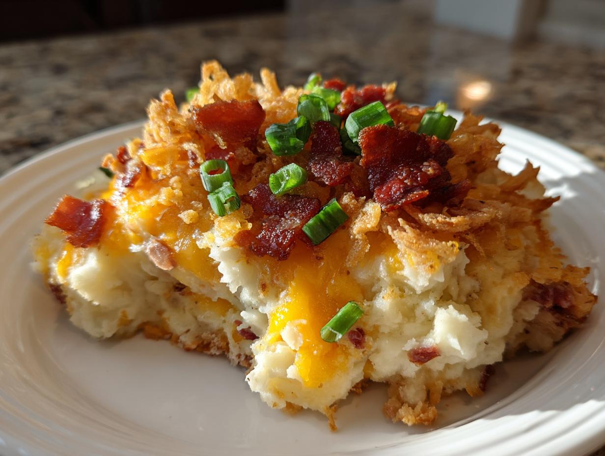A close-up serving of cowboy mashed potato casserole topped with melted cheddar, crispy onions, bacon bits, and green onions.