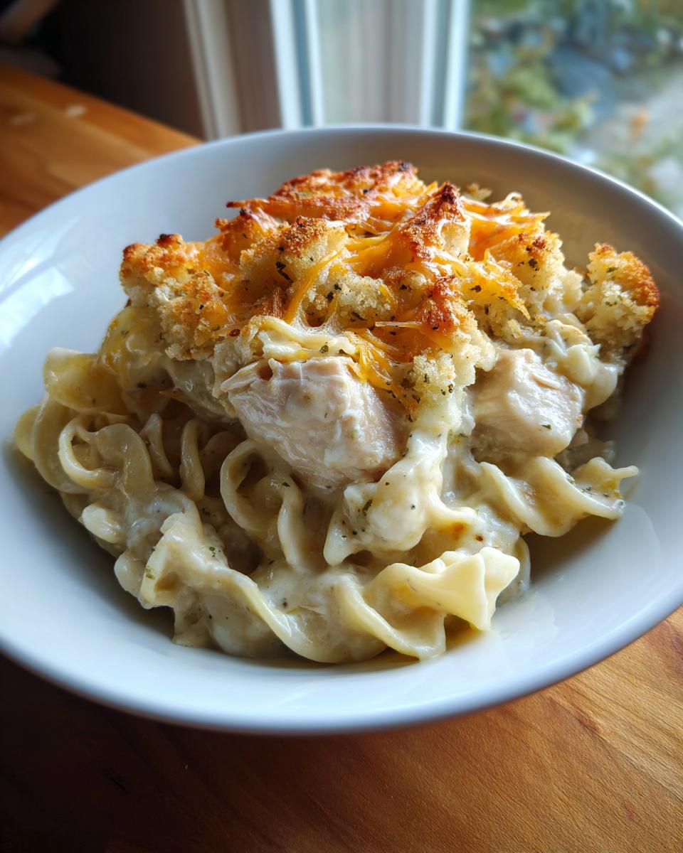 A close-up of creamy chicken noodle casserole topped with melted cheese and a crunchy breadcrumb crust.