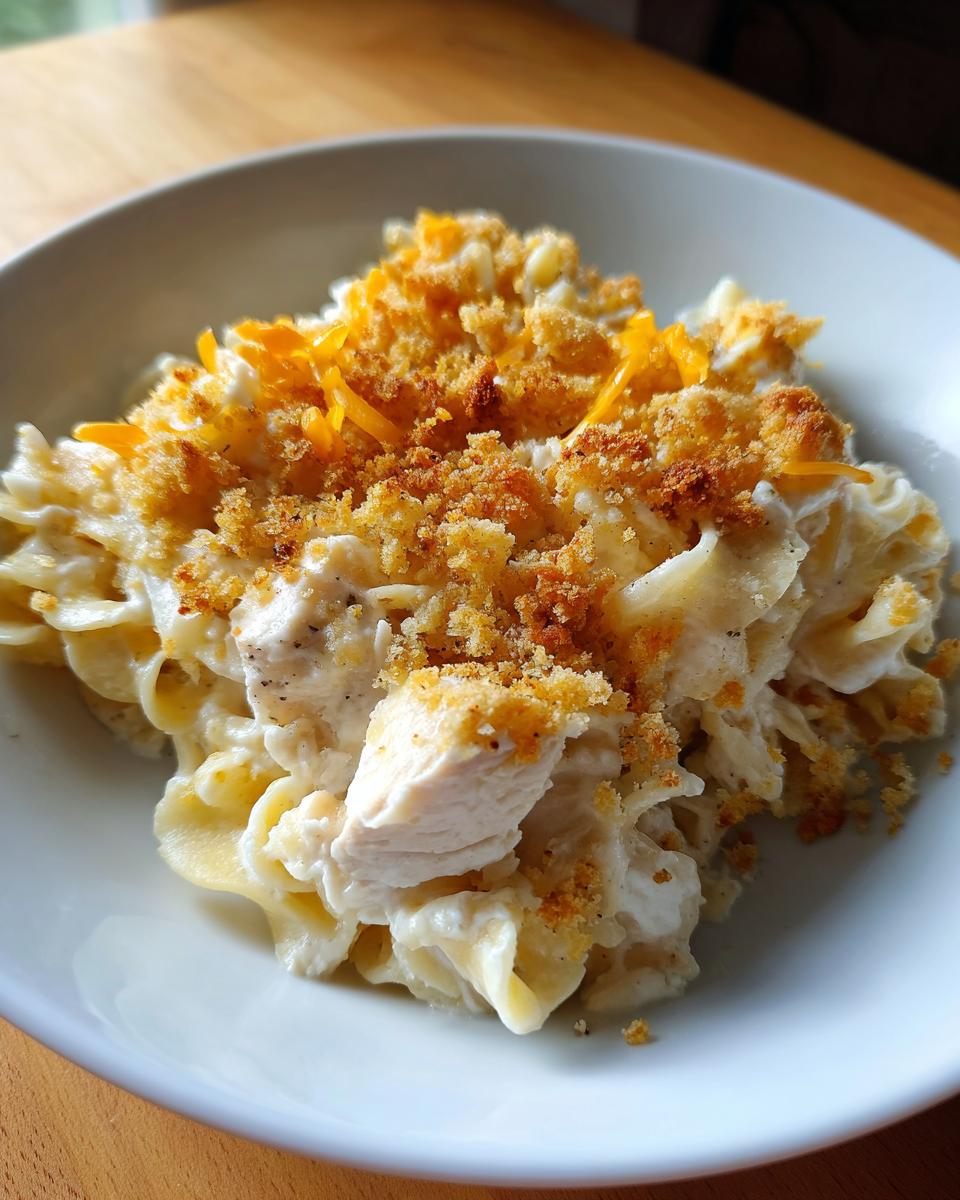 A close-up of a serving of creamy chicken noodle casserole topped with golden breadcrumbs and shredded cheddar cheese.
