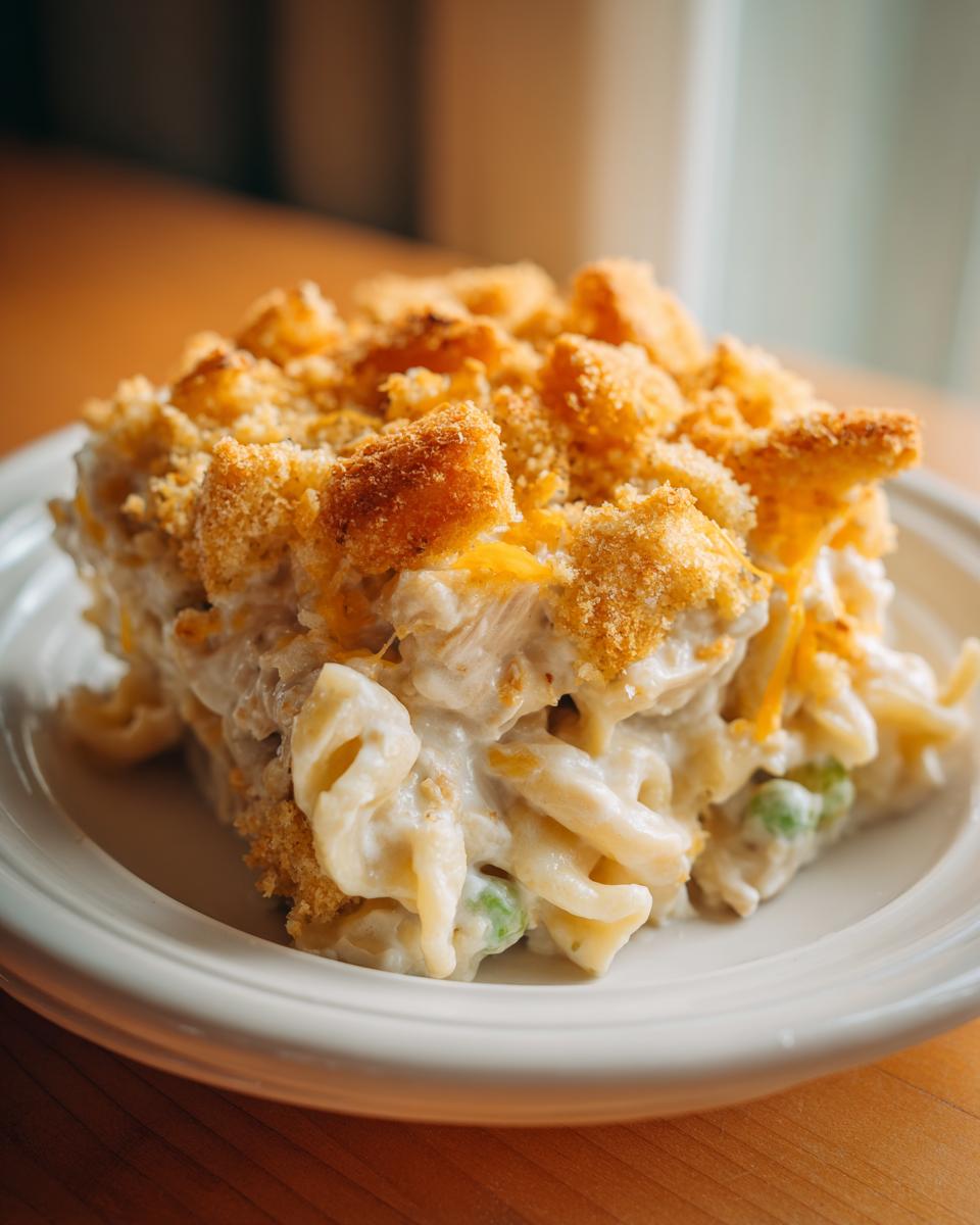 A close-up of a serving of creamy chicken noodle casserole topped with golden breadcrumbs and melted cheese.