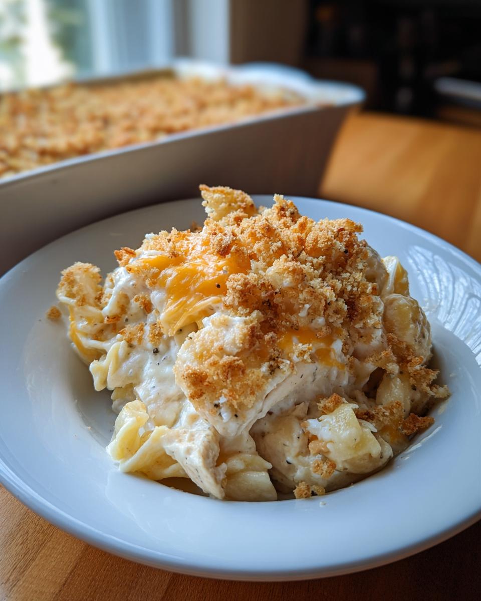 A generous serving of creamy chicken noodle casserole topped with melted cheese and crunchy breadcrumbs.