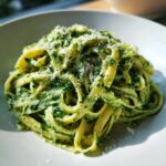 Close-up of creamy spinach pasta tossed in a rich green sauce and topped with grated Parmesan cheese.