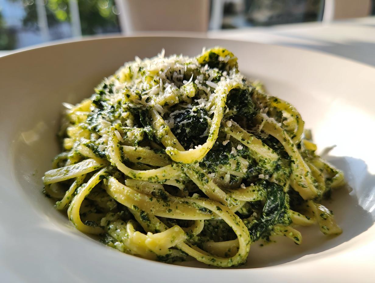 Close-up of creamy spinach pasta tossed in a vibrant green sauce and topped with grated Parmesan cheese.