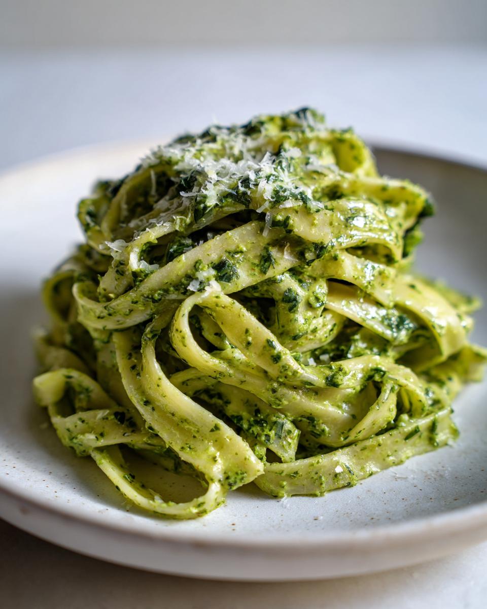 Close-up of creamy spinach pasta tossed in green sauce and topped with grated Parmesan cheese.