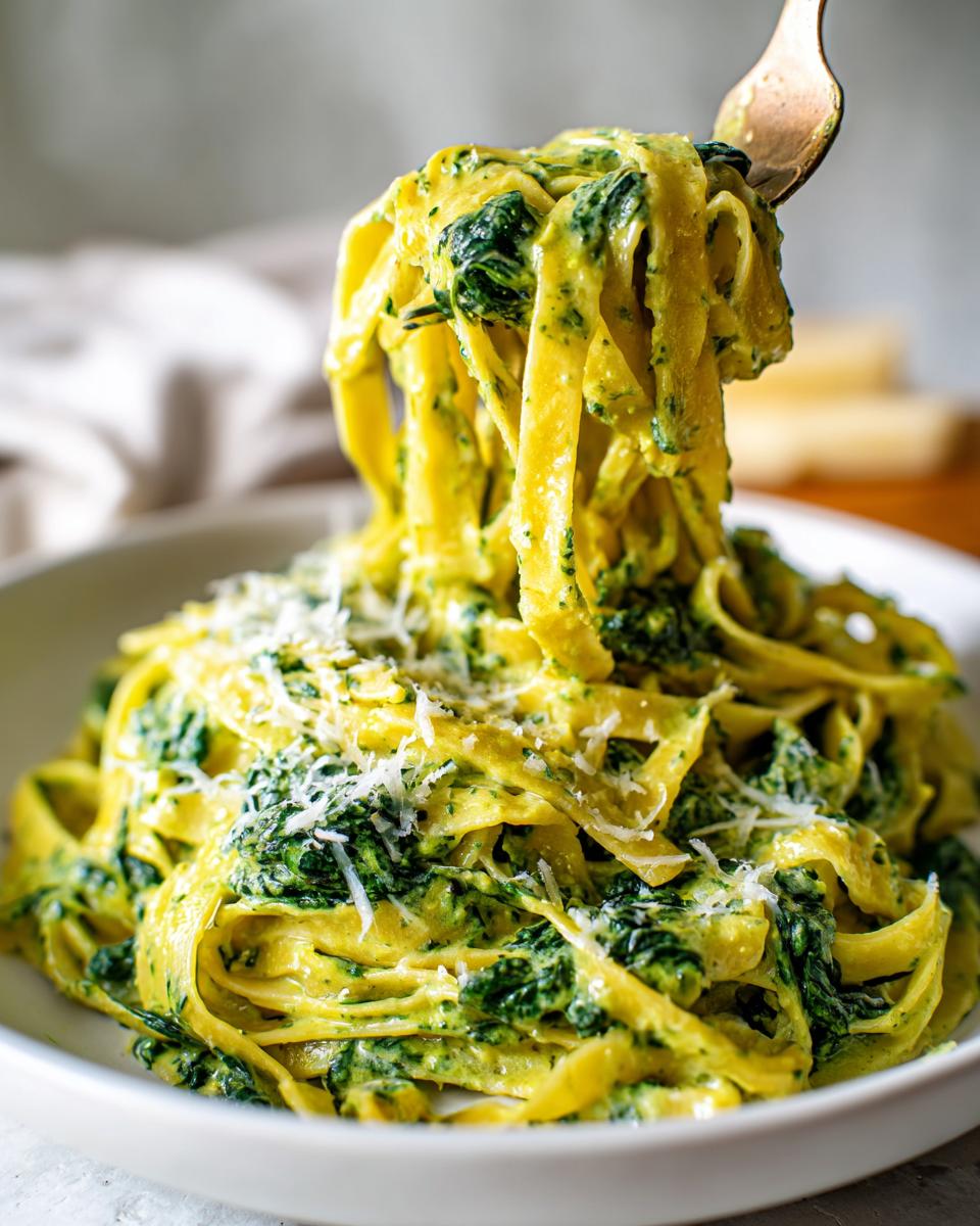 A fork lifts a generous portion of creamy spinach pasta, coated in a rich green sauce and topped with grated Parmesan cheese.