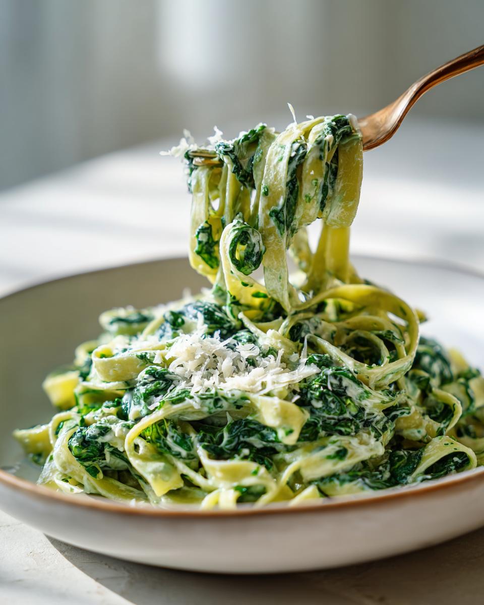 A fork lifts creamy spinach pasta from a bowl, topped with grated Parmesan cheese.