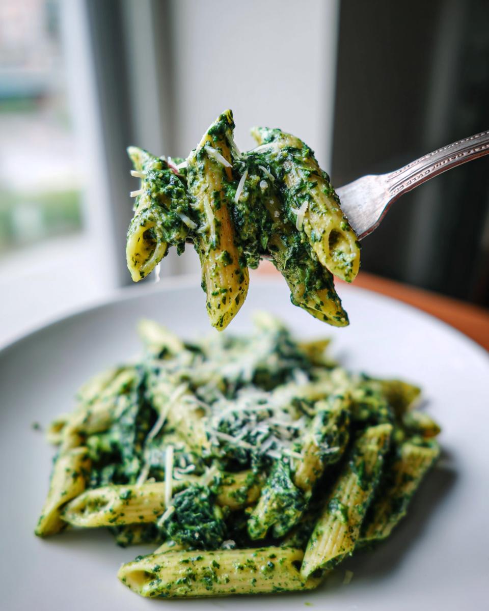 A fork lifting penne pasta coated in rich, creamy spinach pasta sauce, topped with grated Parmesan cheese.