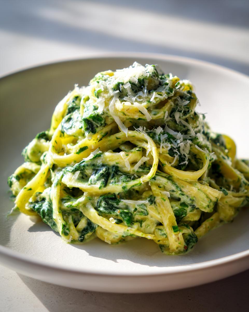 Close-up of a serving of creamy spinach pasta topped with freshly grated Parmesan cheese.