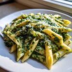 A close-up shot of penne pasta tossed in a vibrant creamy spinach sauce and topped with grated Parmesan cheese, showcasing the creamy spinach pasta.