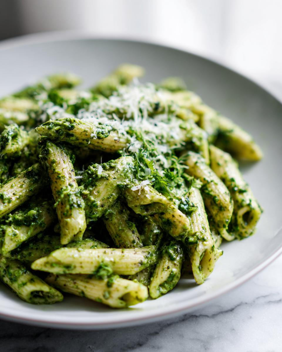 A close-up shot of penne pasta coated in a vibrant green creamy spinach pasta sauce, topped with grated Parmesan cheese.