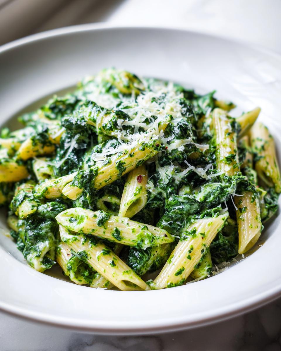 A close-up serving of creamy spinach pasta (penne) topped with grated Parmesan cheese in a white bowl.