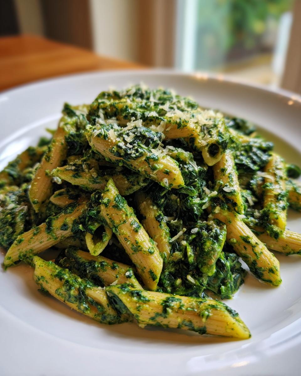 A close-up of penne pasta coated in a rich, green, creamy spinach sauce and topped with grated Parmesan cheese.