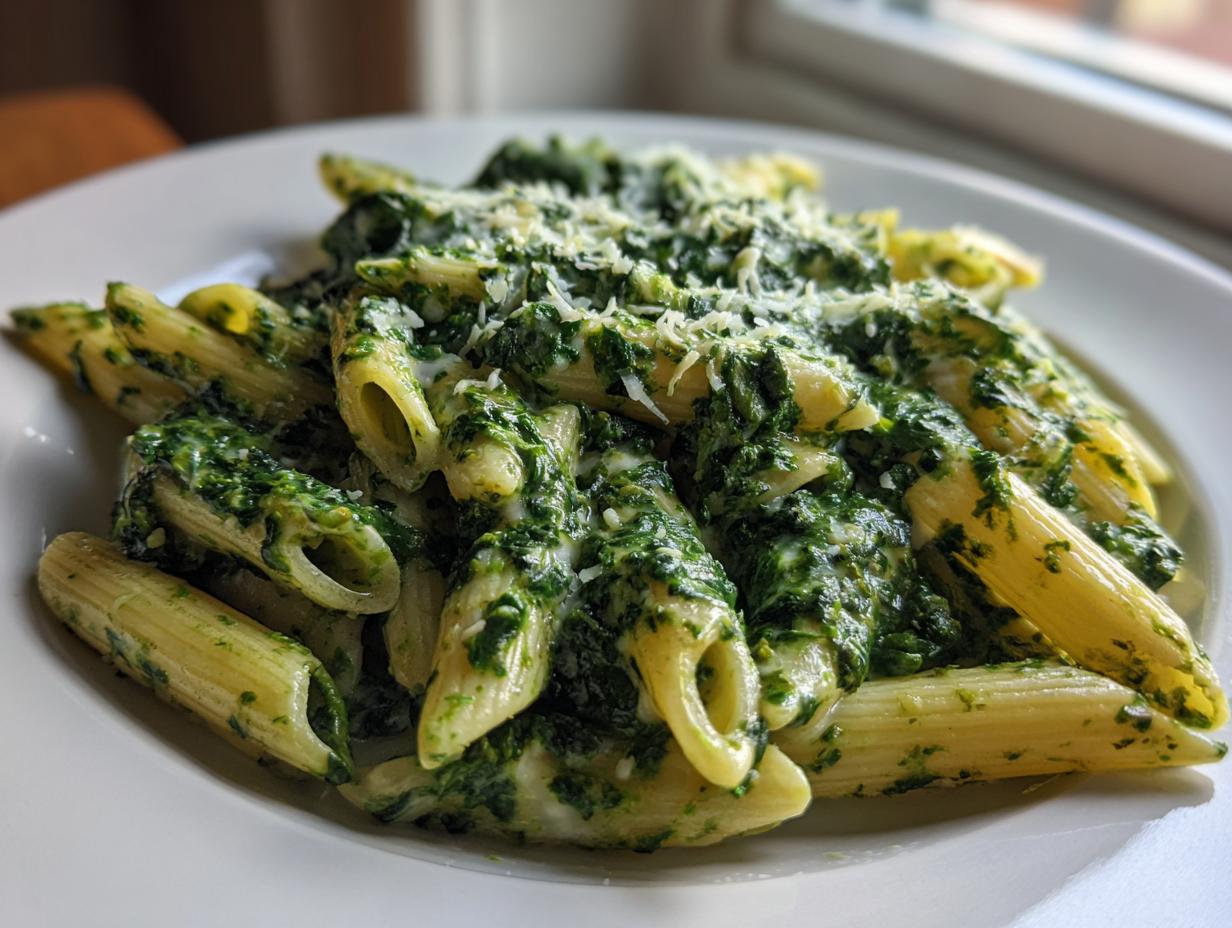 Close-up of penne pasta coated in a rich, creamy spinach sauce and topped with grated Parmesan cheese, representing creamy spinach pasta.