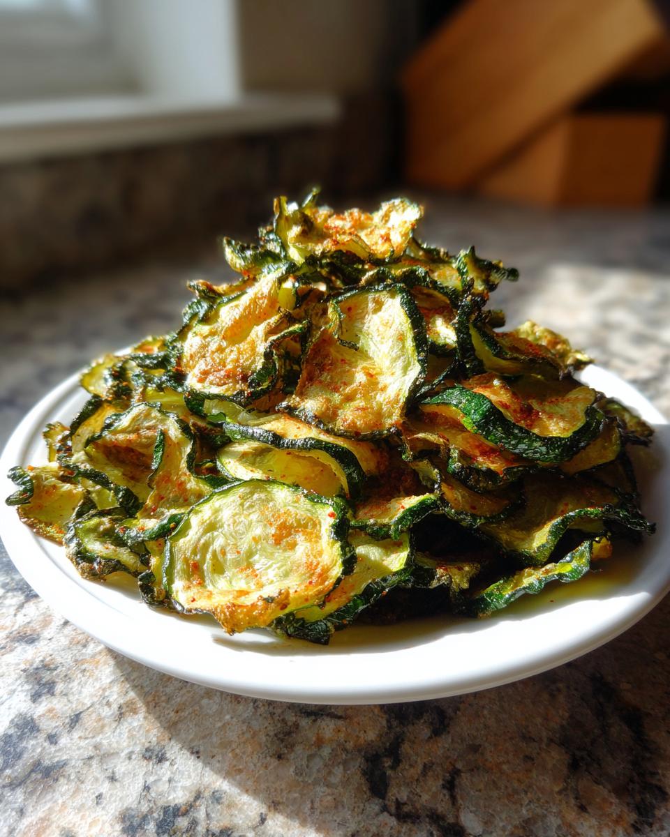 A tall pile of crispy, seasoned air fryer zucchini chips served on a white plate.