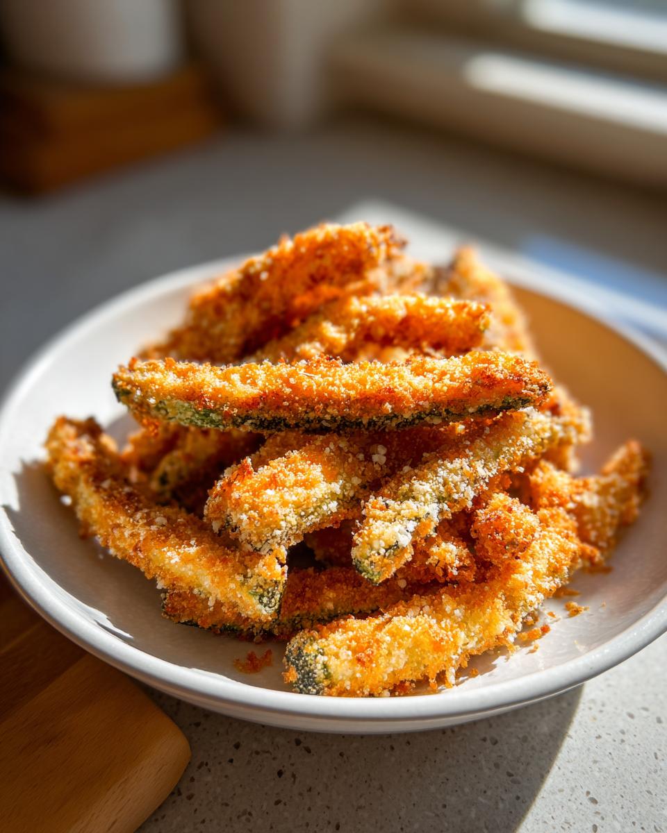 A close-up of golden, crispy breaded air fryer zucchini fries piled high on a white bowl.