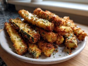 A pile of golden brown, crispy air fryer zucchini fries sprinkled with Parmesan cheese and parsley.