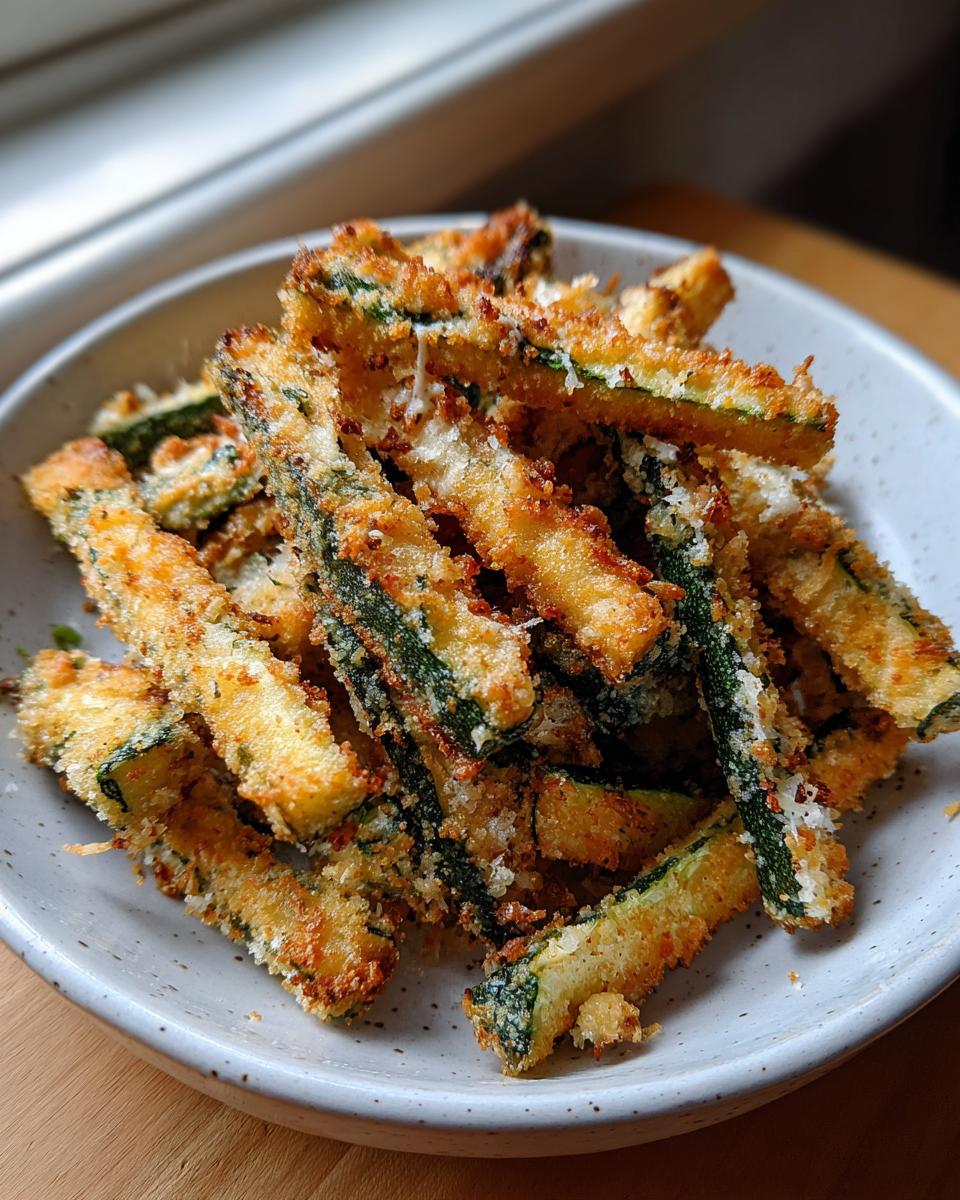 Close-up of golden, crispy breaded air fryer zucchini sticks piled high in a speckled white bowl.
