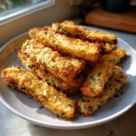 A pile of golden brown, crispy air fryer zucchini sticks seasoned with herbs, served on a light gray plate.