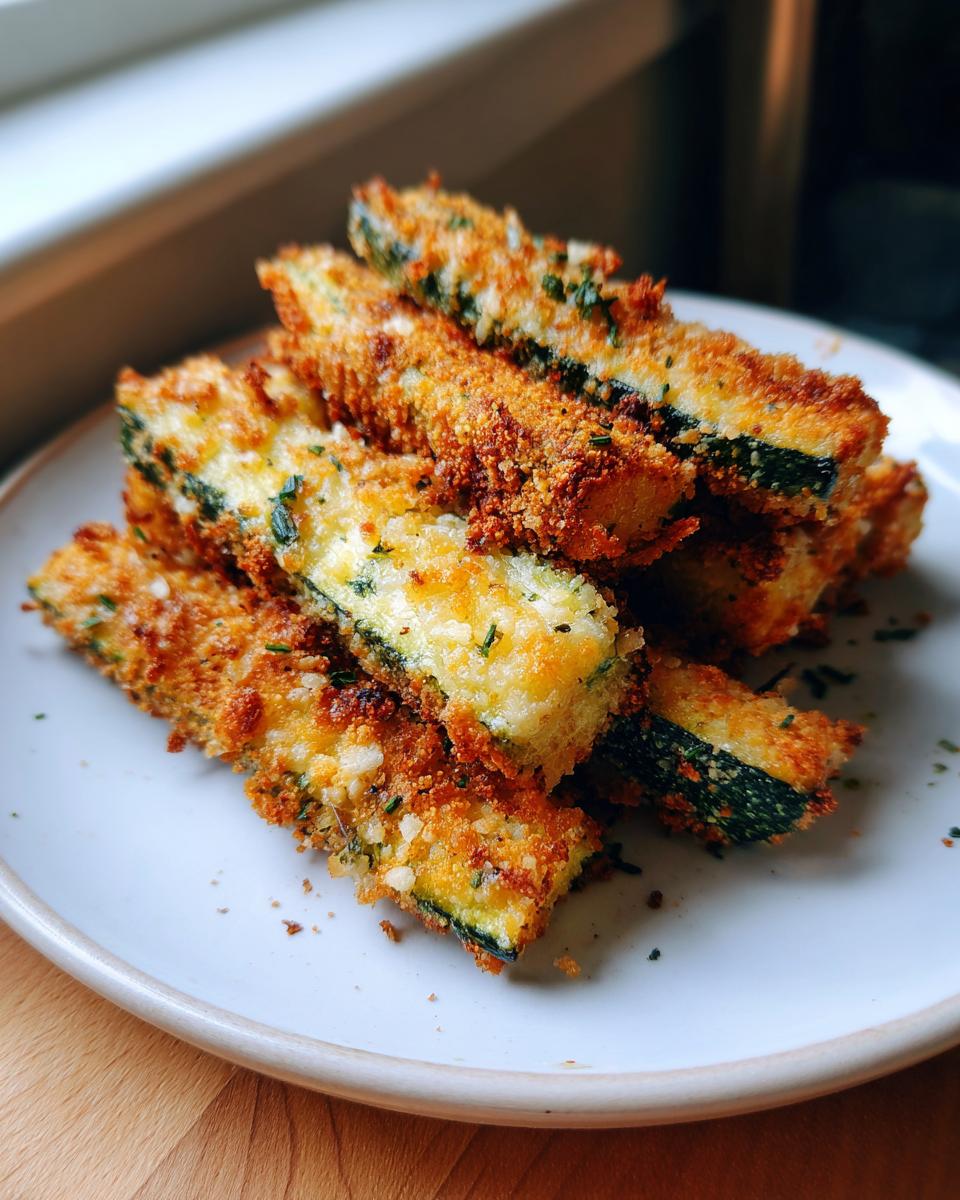 A stack of golden brown, crispy air fryer zucchini sticks seasoned with herbs and cheese on a light plate.