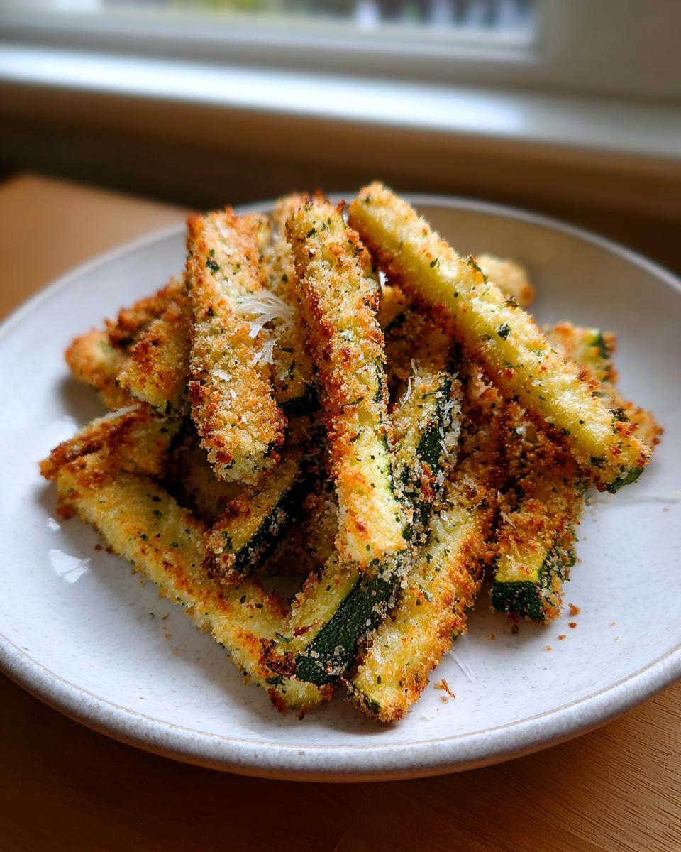A close-up of golden brown, breaded air fryer zucchini sticks piled high on a light-colored plate.