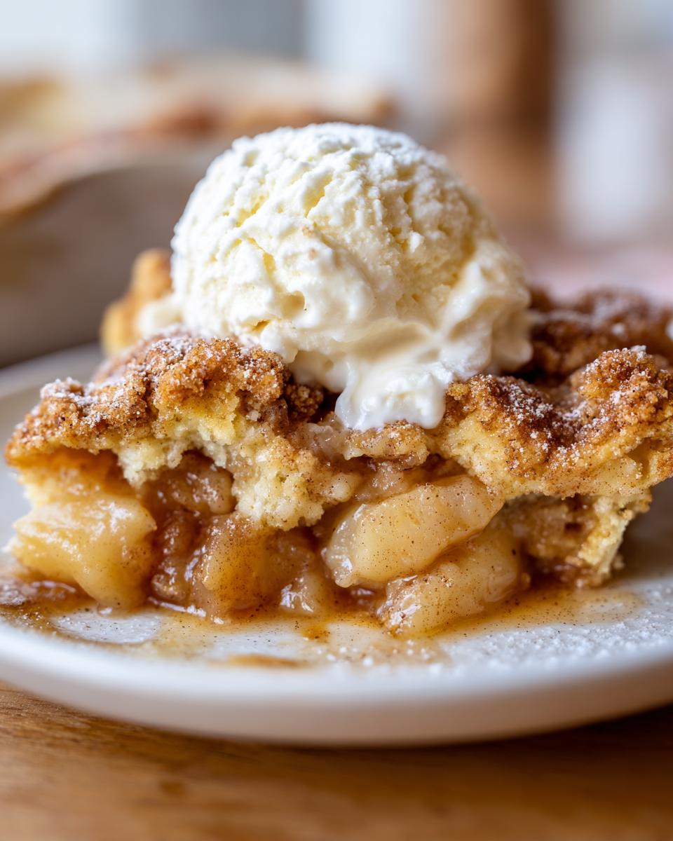 Close-up of a warm slice of crockpot snickerdoodle cobbler topped with melting vanilla ice cream.