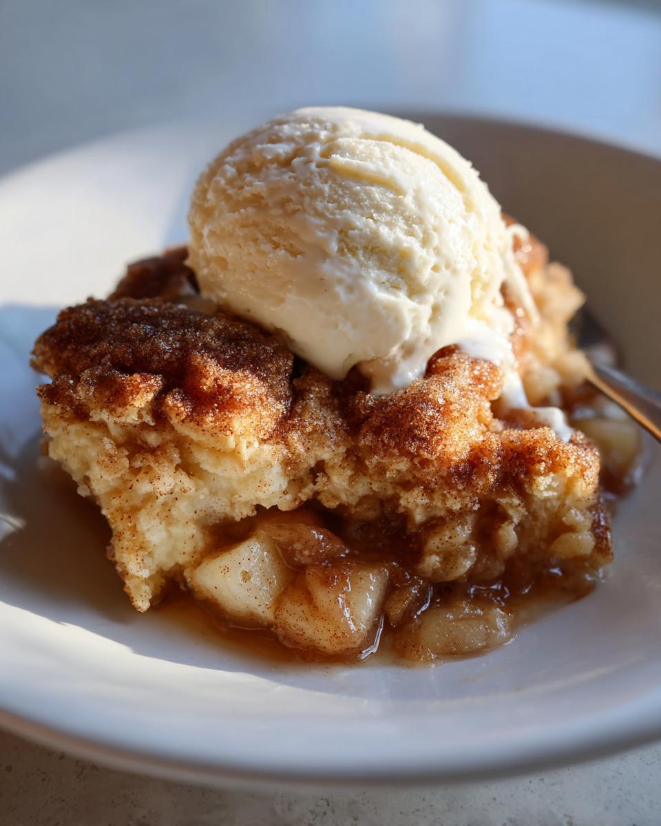 A warm serving of crockpot snickerdoodle cobbler topped with a scoop of melting vanilla ice cream.