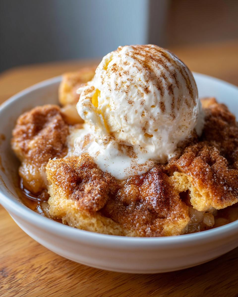A warm serving of crockpot snickerdoodle cobbler topped with melting vanilla ice cream and cinnamon.