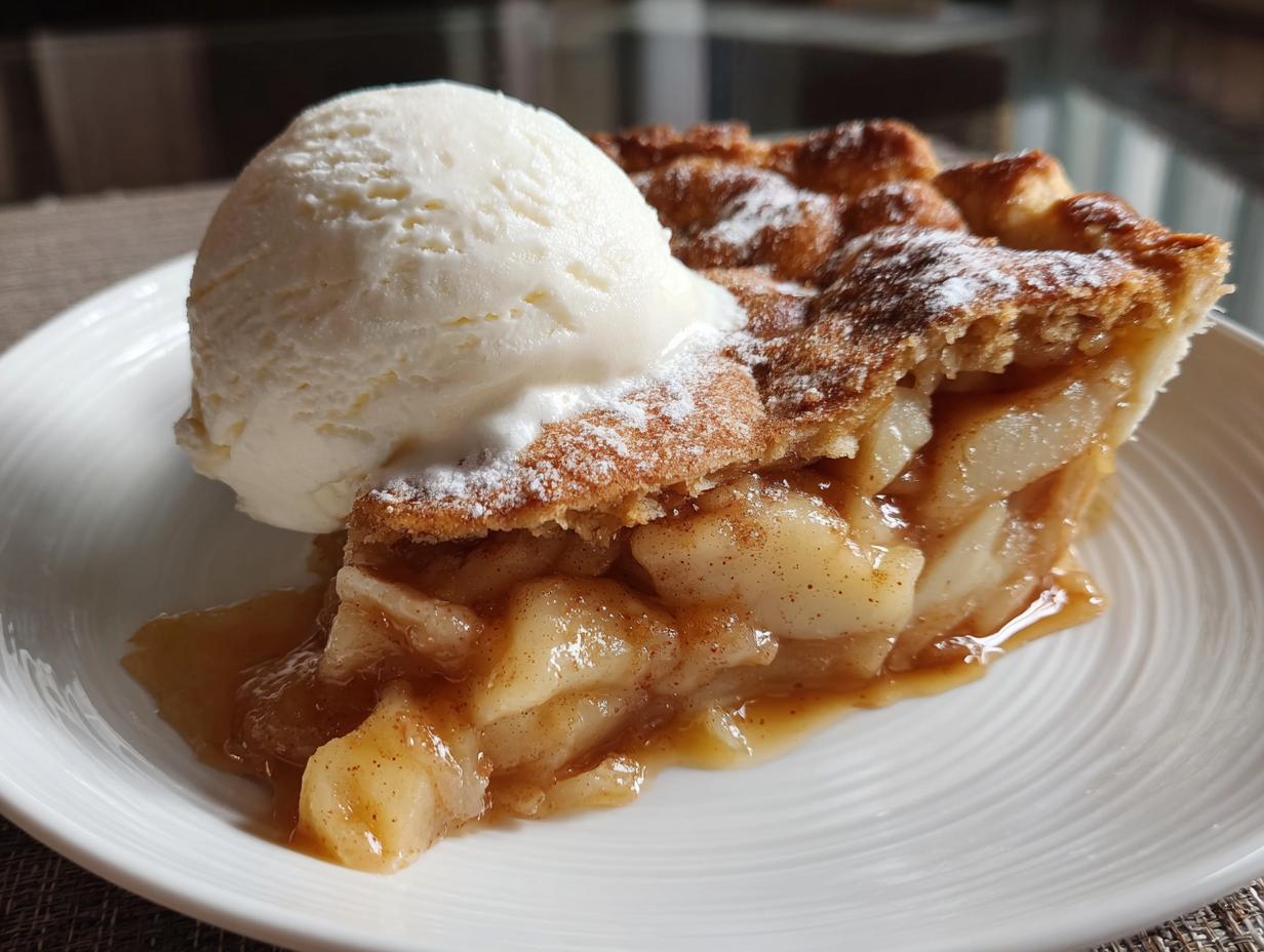 A slice of warm crockpot snickerdoodle cobbler topped with a scoop of vanilla ice cream and powdered sugar.